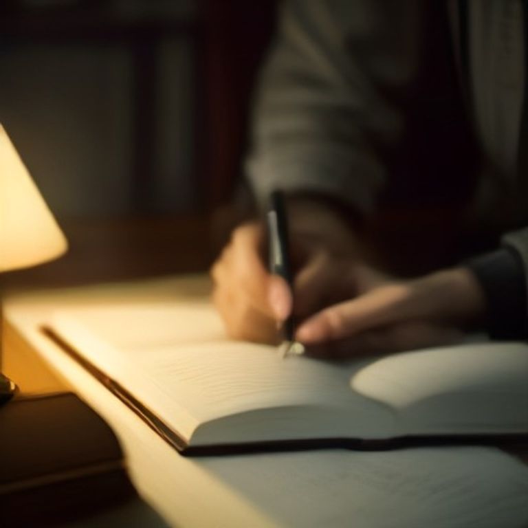 Caderno aberto sobre livros, luz de mesa quente